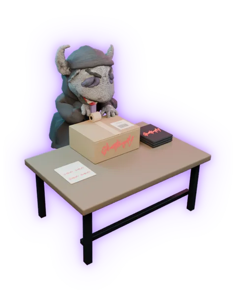 Leftghost sealing a Ghost Supply parcel at his workbench.
